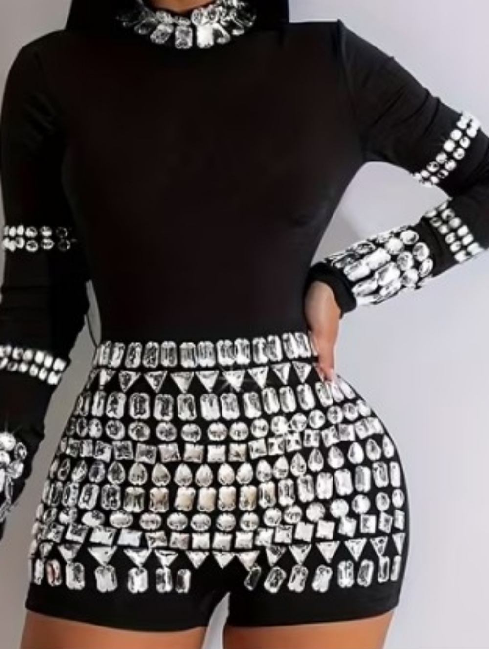 Black One-Piece Rhinestone Embellished Shorts Jumper
